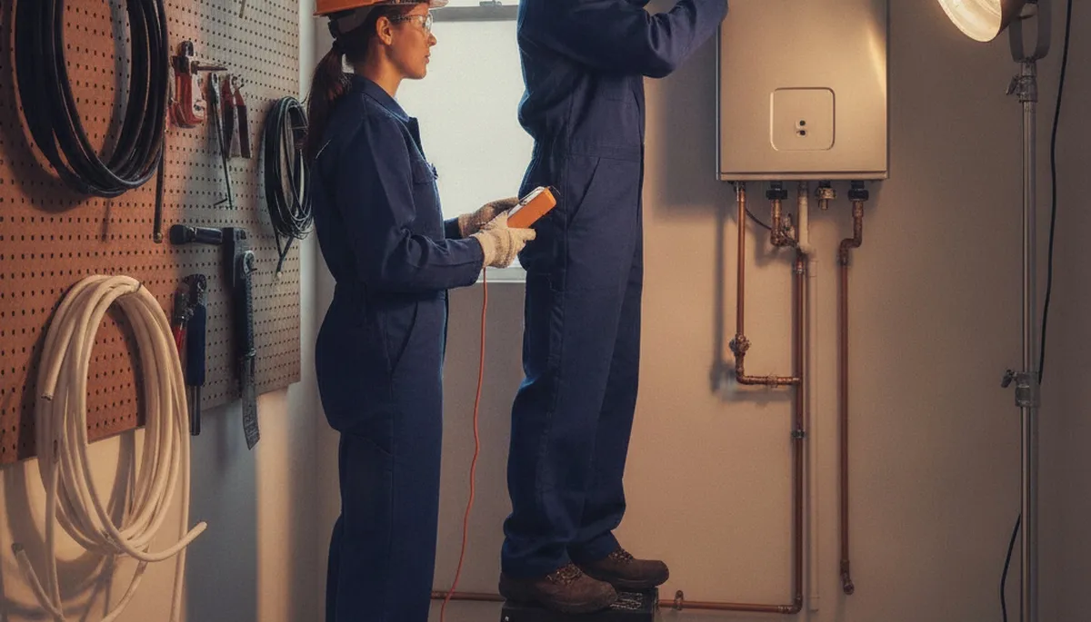 Tankless water heater service technician in Mesa, AZ inspecting a plumbing system